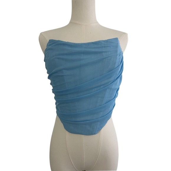 Women's Strapless Open Back Boned Mesh Bustier Zip Back Corset Crop Top Blue - Picture 2 of 8